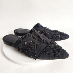 Anthropologie A.D & Daughters Mules Size 6 Pointy Toe Flats Beaded Black Slip-on